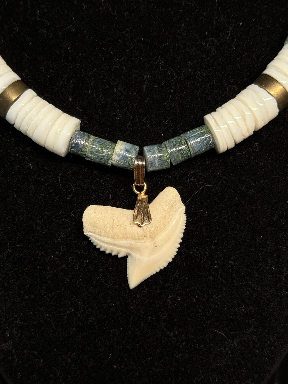 Vintage Blue Coral Shell Heishi Shark Tooth Necklace